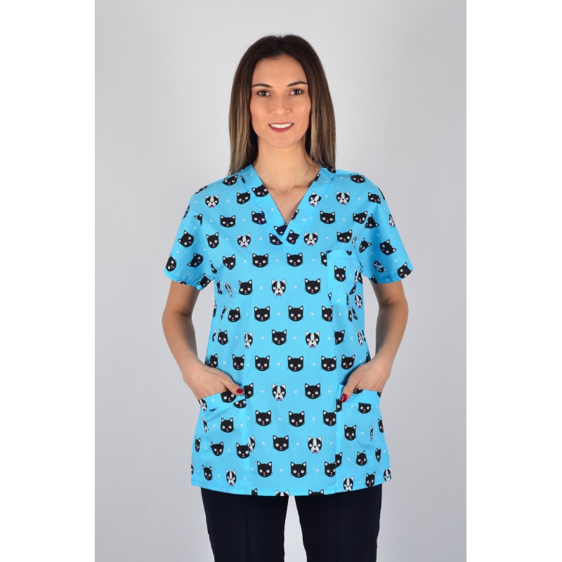 Desenli Tek Üst Turkuaz Kedi