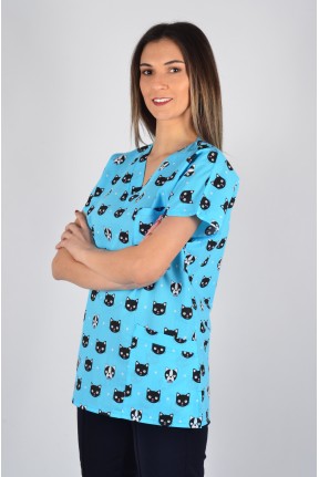 Desenli Tek Üst Turkuaz Kedi