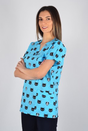 Desenli Tek Üst Turkuaz Kedi