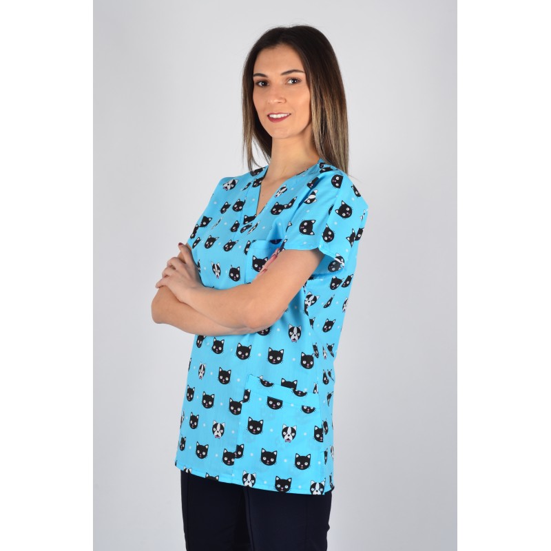 Desenli Tek Üst Turkuaz Kedi