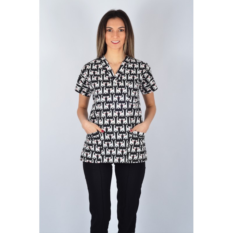 Desenli Tek Üst Beyaz Kedi